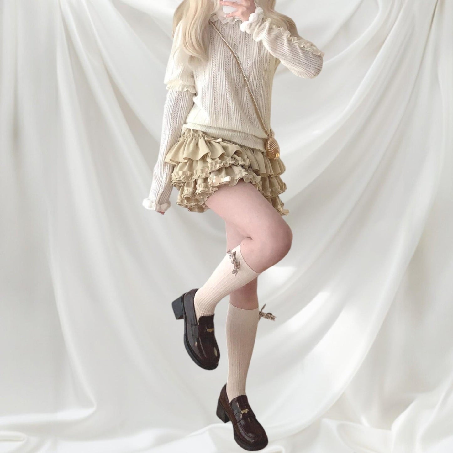 Beige ruffle tiered mini skirt/skort with bow details3