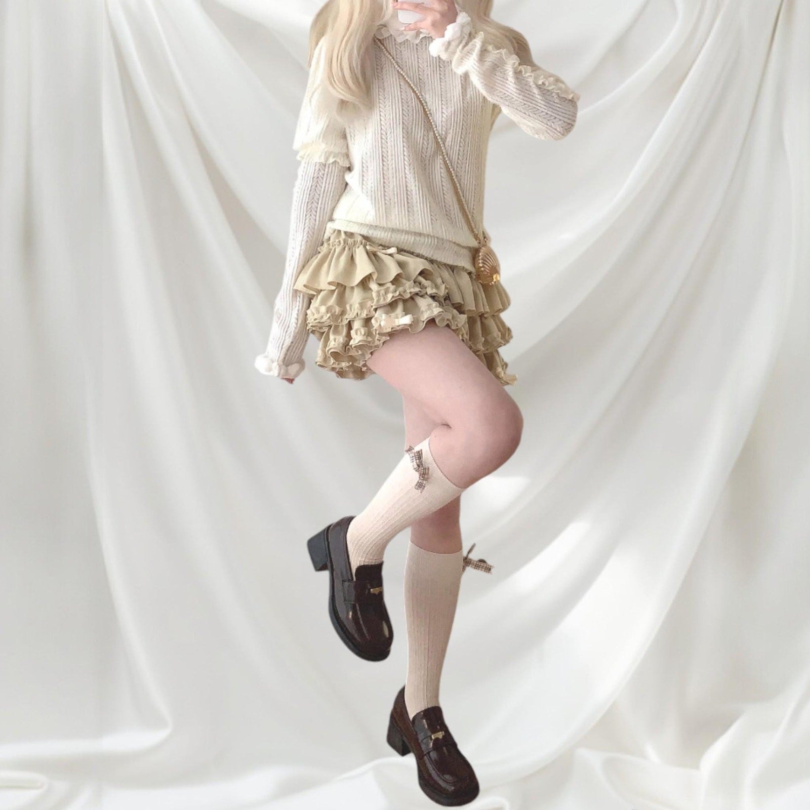 Beige ruffle tiered mini skirt/skort with bow details3