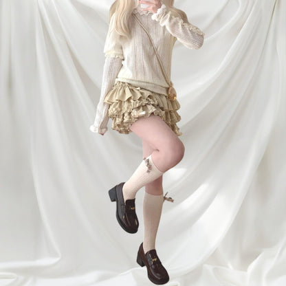 Beige ruffle tiered mini skirt/skort with bow details3