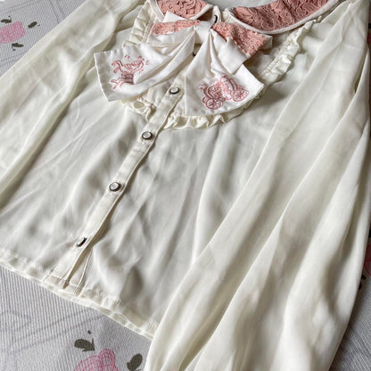 Liz Lisa cream blouse with embroidered bow & pink lace trim2