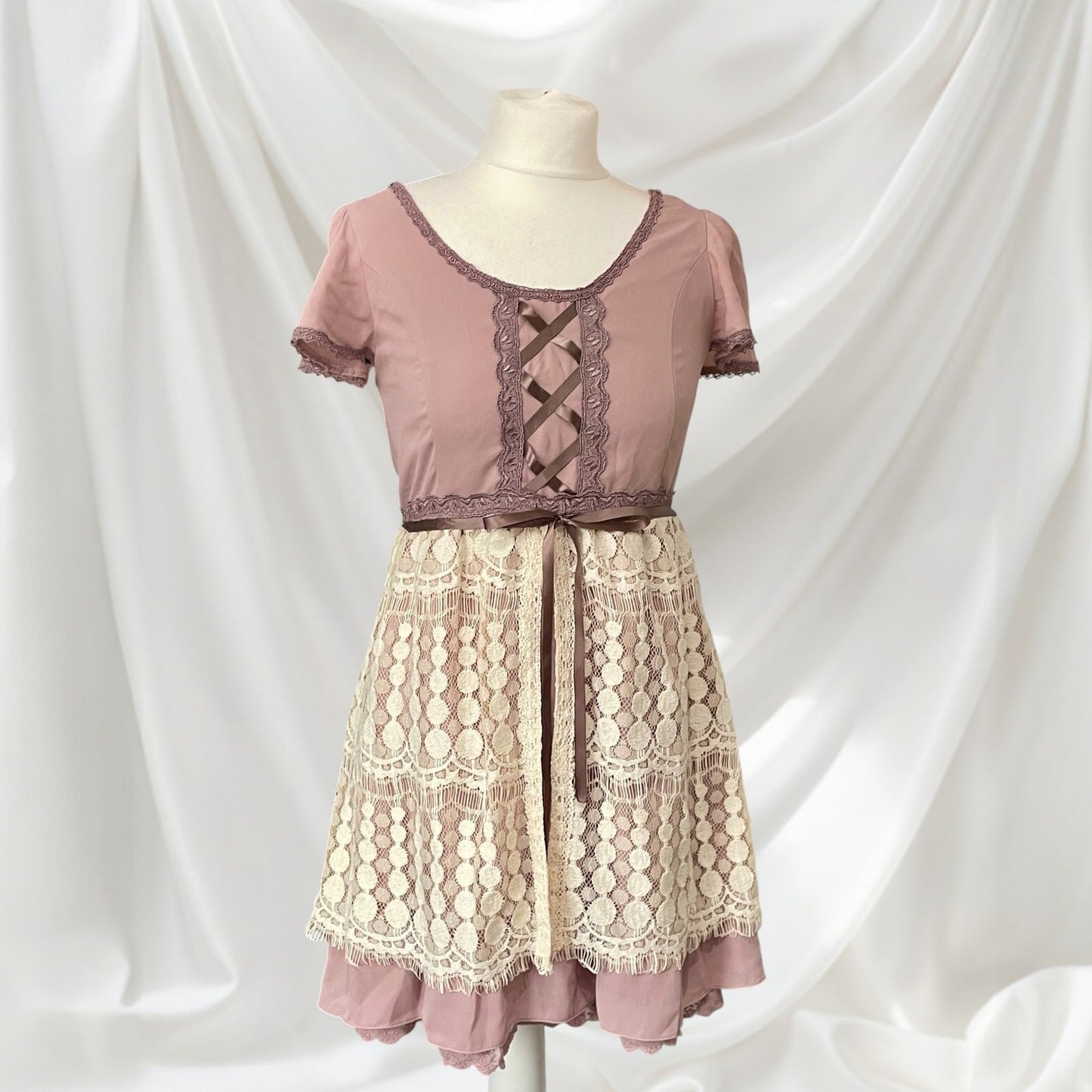 Axes Femme Dusty Rose Lace-Up Dress Cream Floral Lace Overlay3