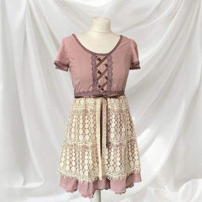 Axes Femme Dusty Rose Lace-Up Dress Cream Floral Lace Overlay3