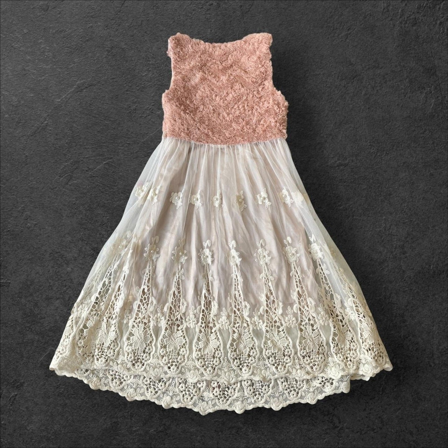 Vintage dusty pink lace bodice dress with floral embroidered tulle skirt1