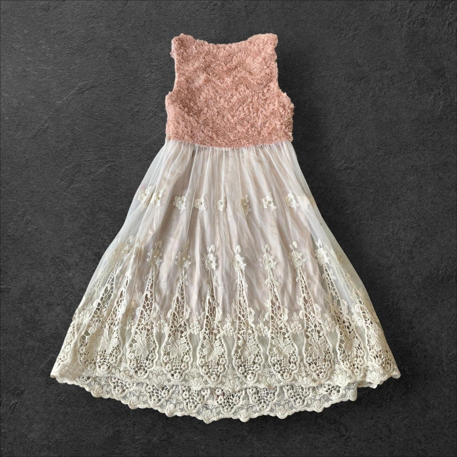 Vintage dusty pink lace bodice dress with floral embroidered tulle skirt1
