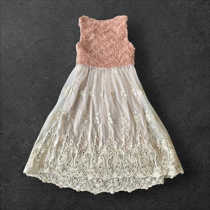 Vintage dusty pink lace bodice dress with floral embroidered tulle skirt1