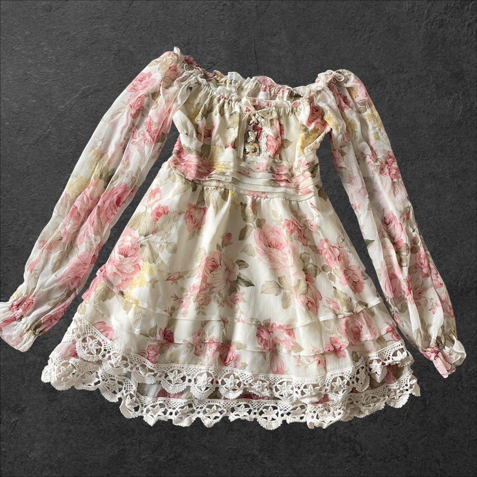 Liz Lisa offshoulder floral chiffon top/dress with lace hem0