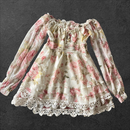 Liz Lisa offshoulder floral chiffon top/dress with lace hem0