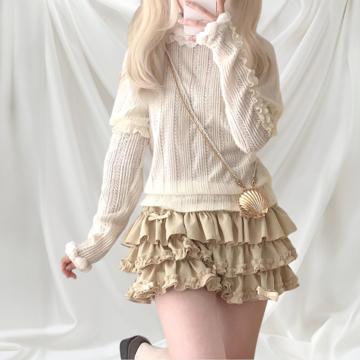 Beige ruffle tiered mini skirt/skort with bow details2