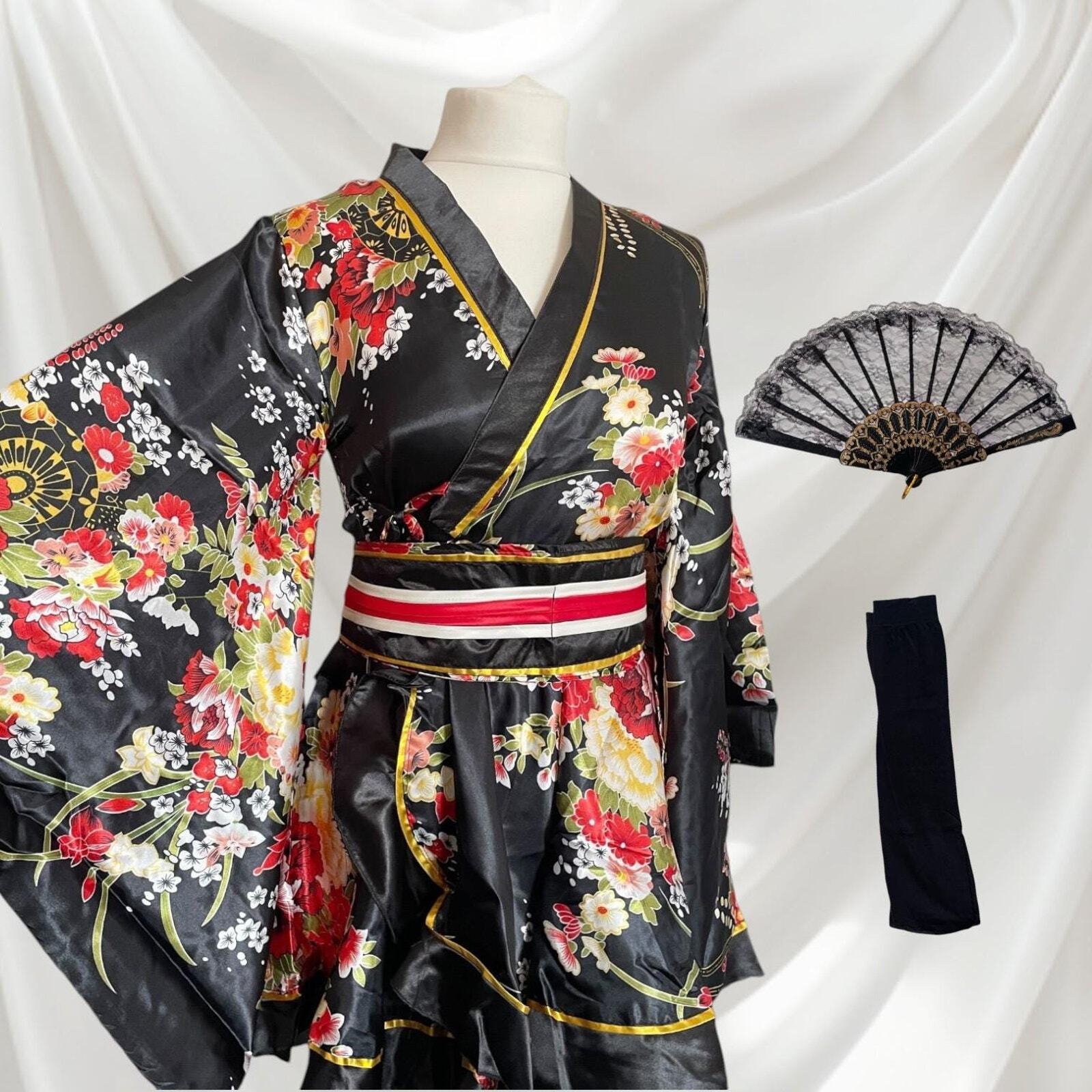 Japanese floral kimono Halloween costume with black socks and holding fan0