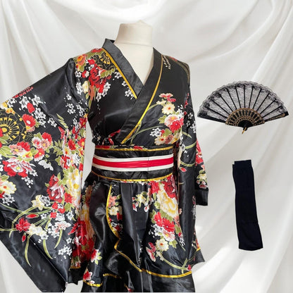 Japanese floral kimono Halloween costume with black socks and holding fan0