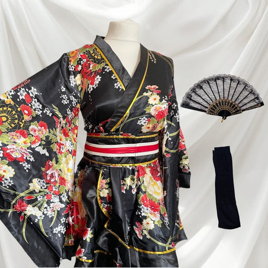 Japanese floral kimono Halloween costume with black socks and holding fan0