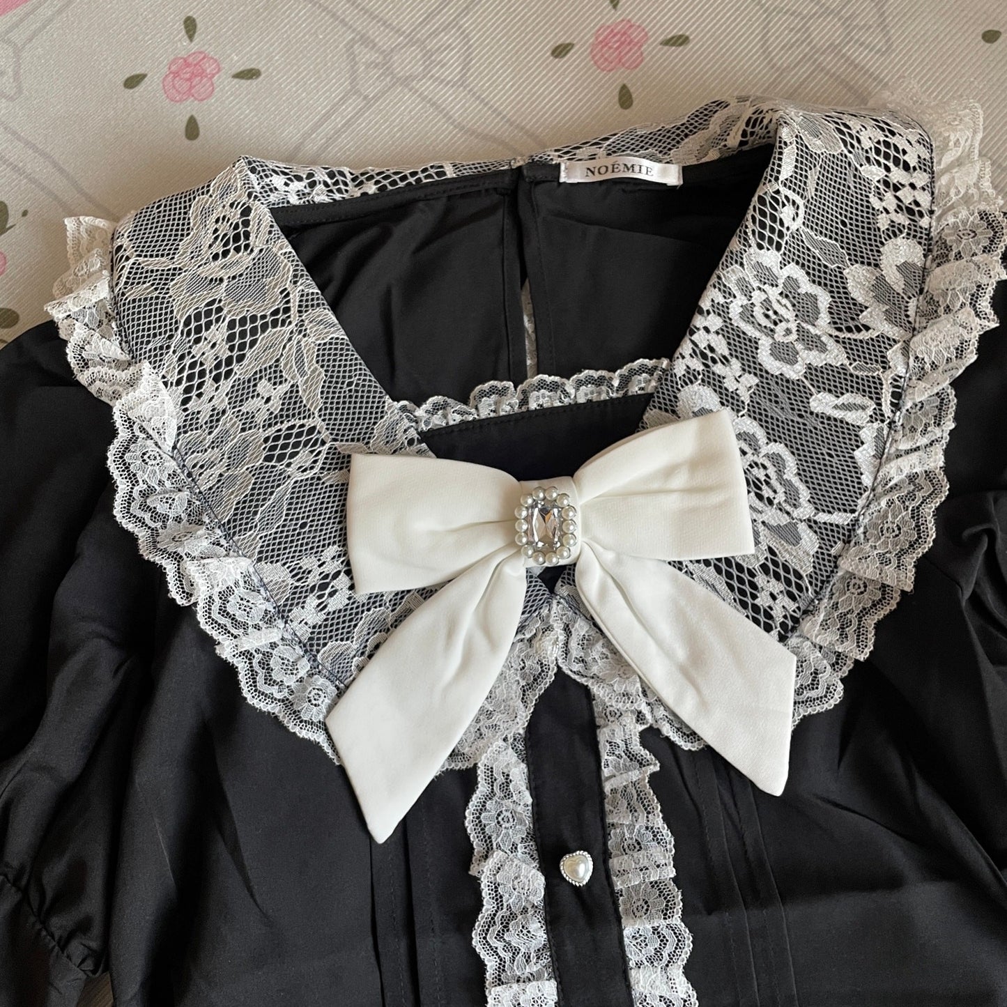 Noémie Black Lace Blouse with Satin Bow & Pearl Button Details1