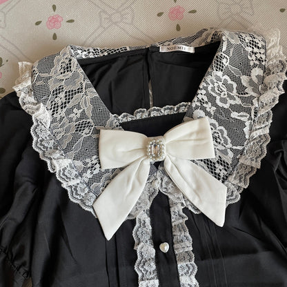 Noémie Black Lace Blouse with Satin Bow & Pearl Button Details1