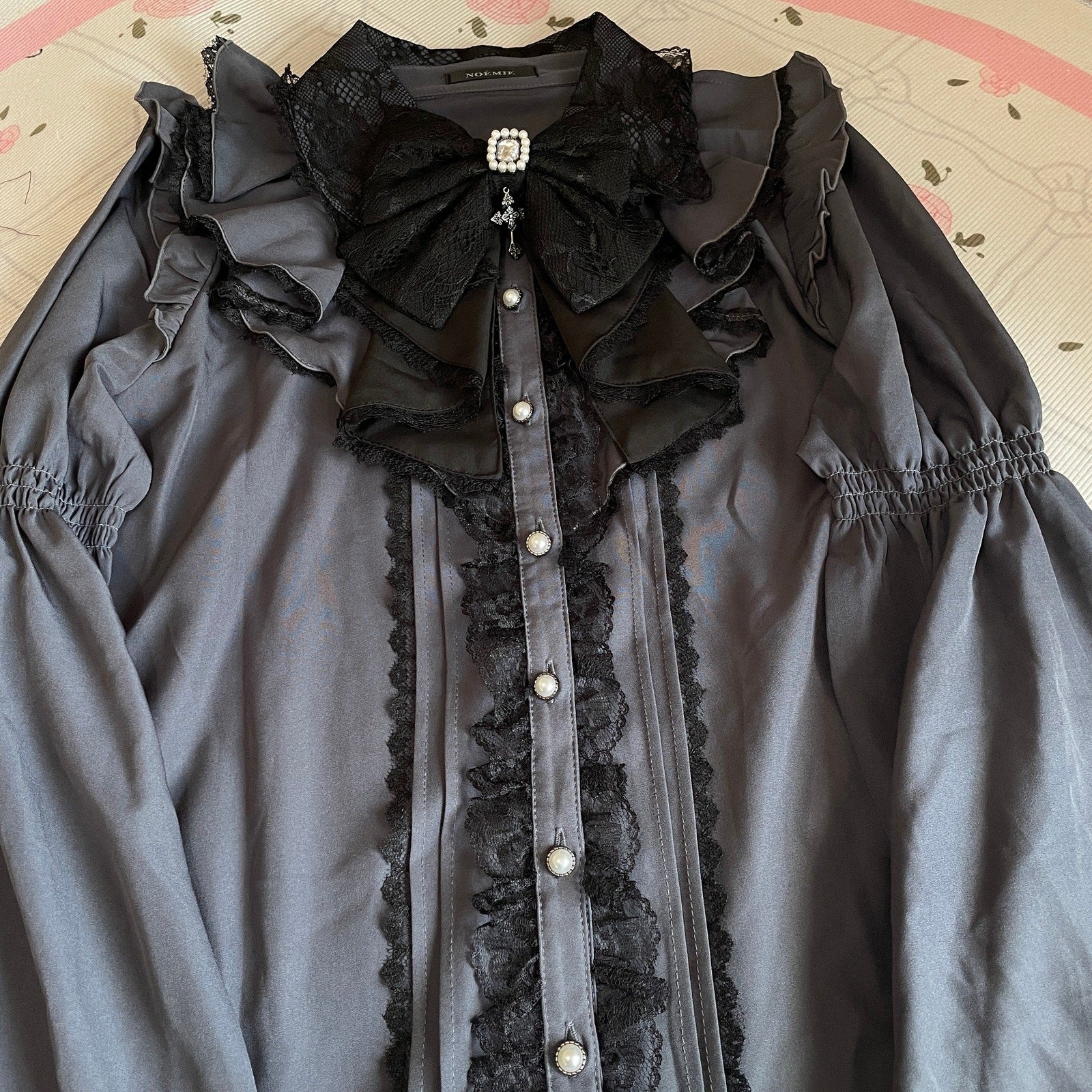 Noemie gothic smoky violet jewel bow blouse with bell sleeves2