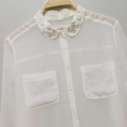 Japanese Vintage Sheer Blouse – Embroidered Collar, Soft & Lightweight3