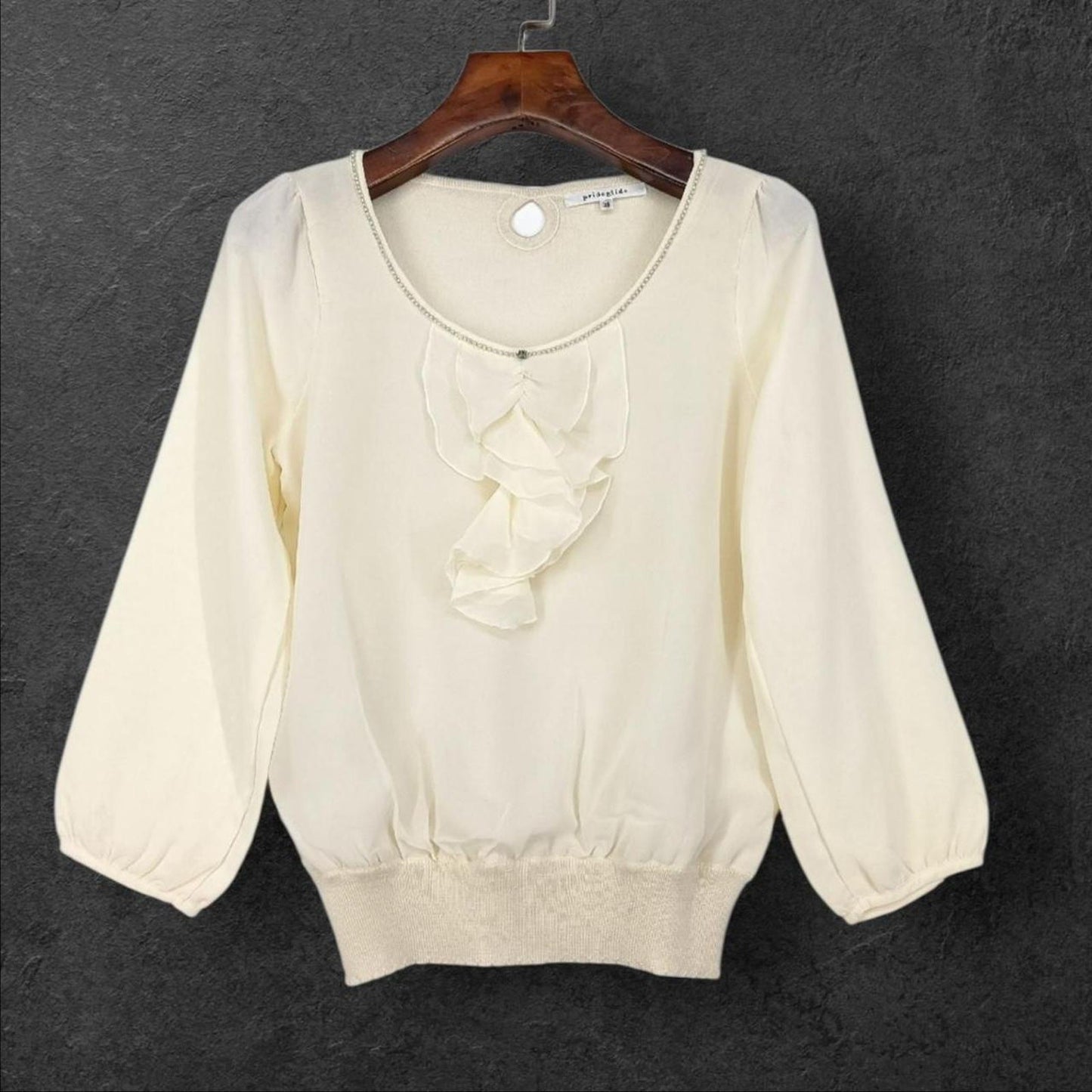 Japanese vintage ivory chiffon blouse with ruffled front detail0
