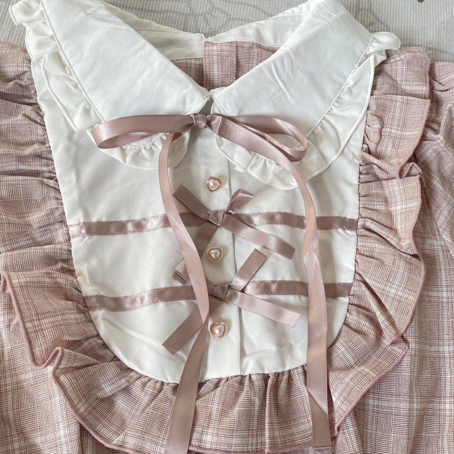 Japanese Jirai Kei plaid blouse & shorts set with frill collar and ribbon1