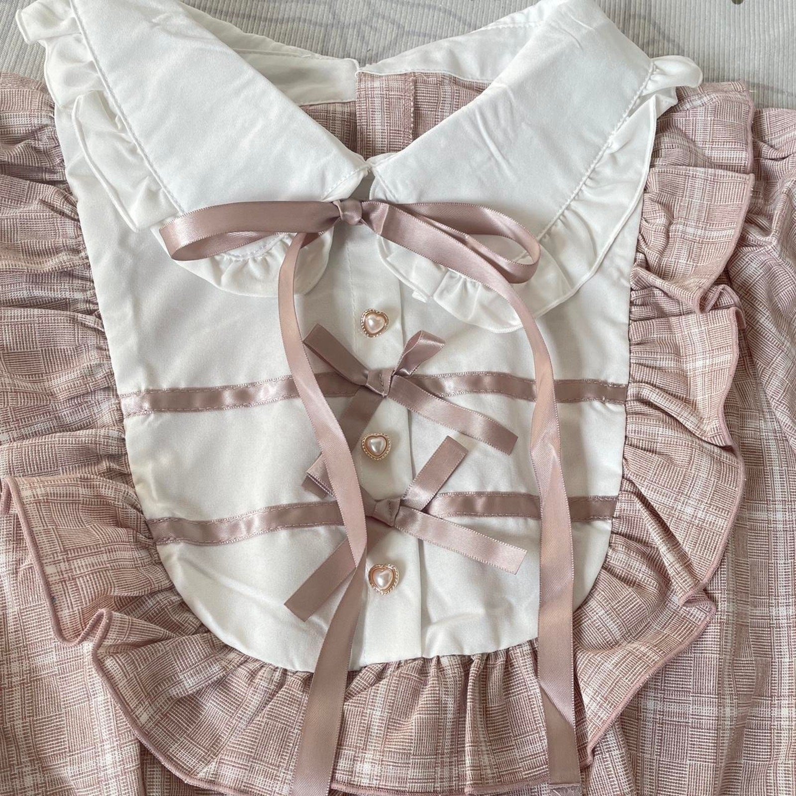 Japanese Jirai Kei plaid blouse & shorts set with frill collar and ribbon1