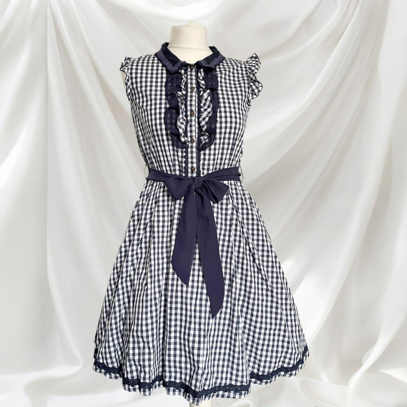 Axes Femme navy gingham check dress with ruffle trim and waist bow 0