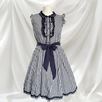 Axes Femme navy gingham check dress with ruffle trim and waist bow 0