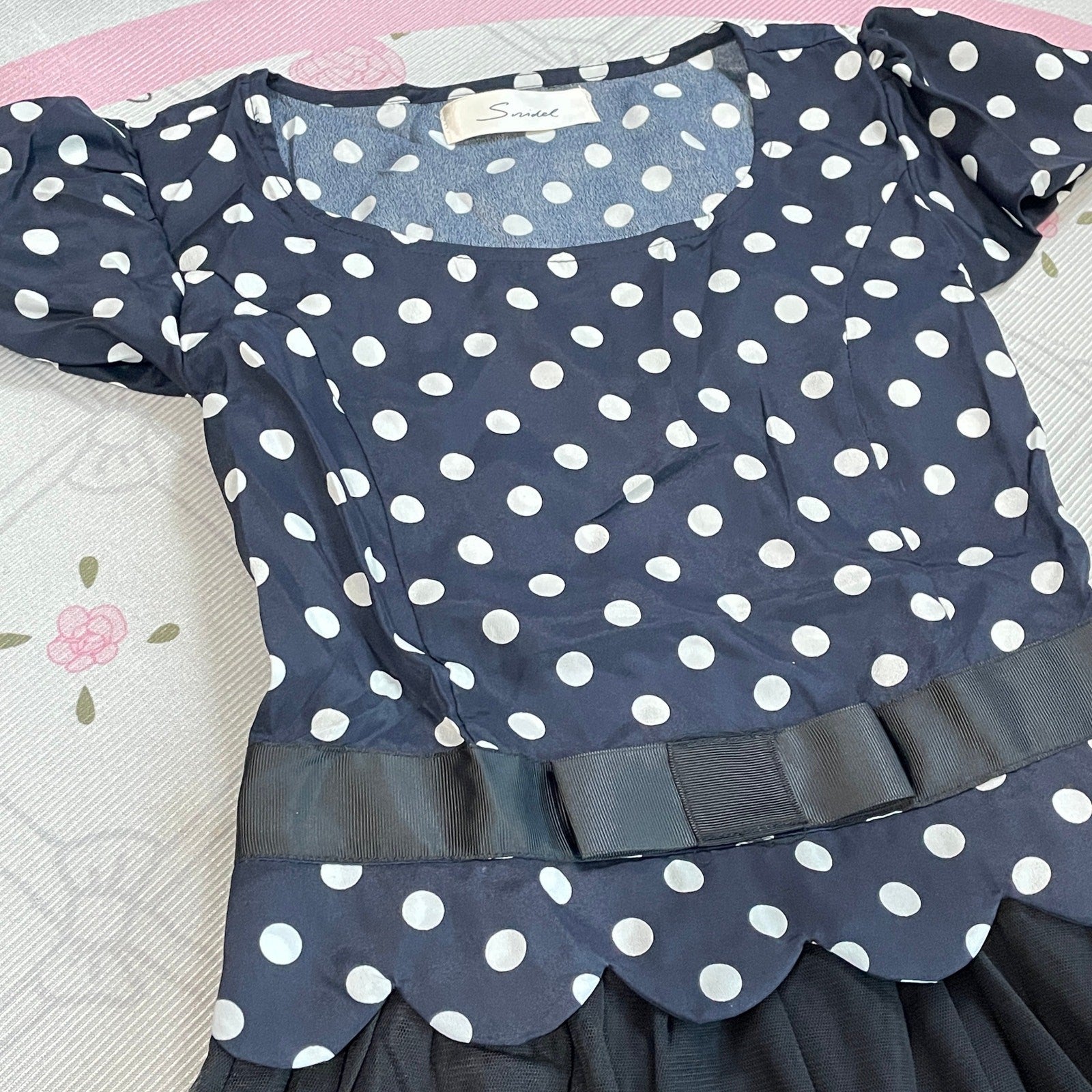 Snidel Navy Polka Dot Black Tulle Midi Dress J-Fashion Sweet Elegant4