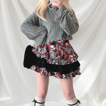 Layered cake skirt/skort with skeleton and rose pattern jfashion kawaii1