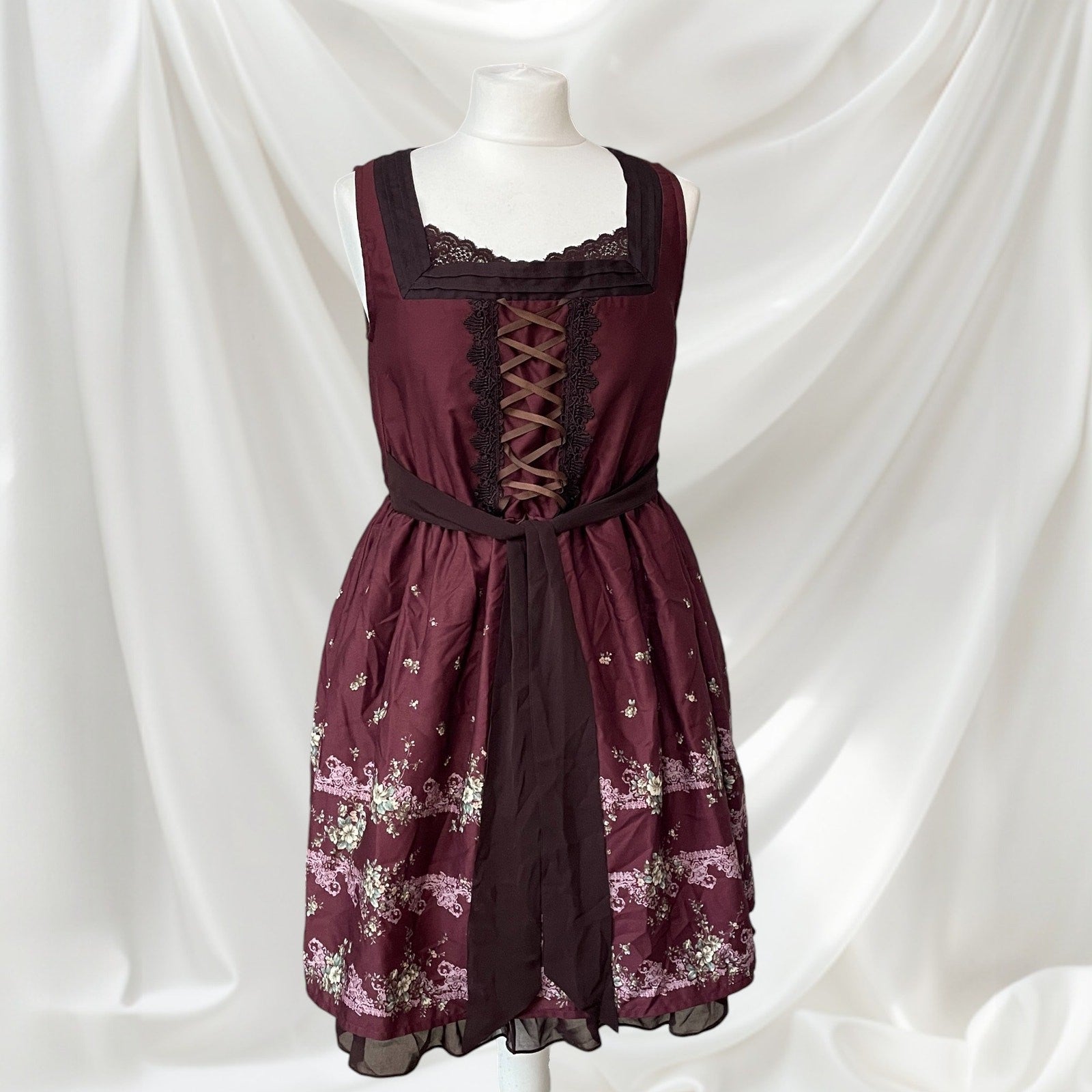 Axes Femme Burgundy Floral Corset Dress Lace Up Retro0