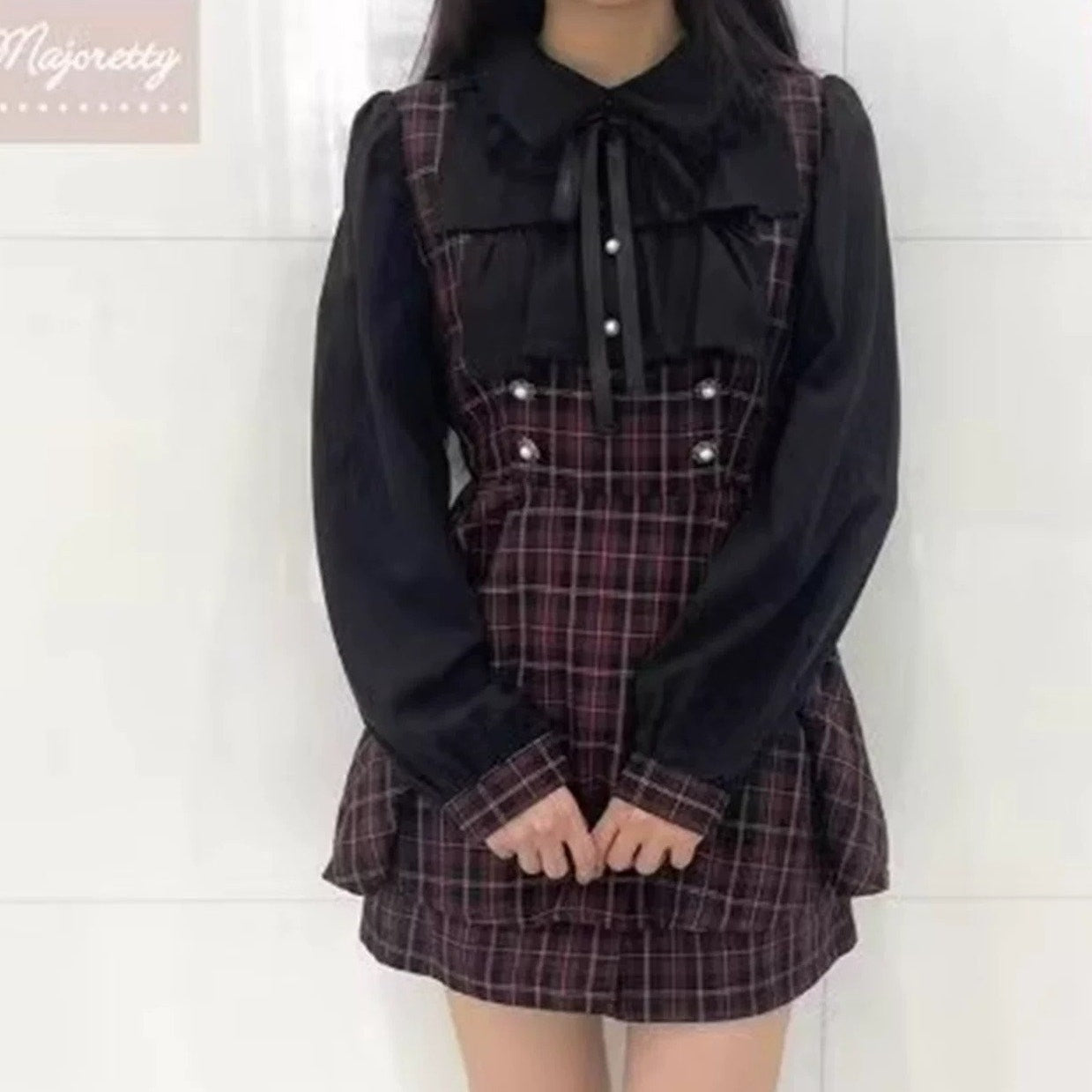 Majonetty Jirai Kei plaid two-piece set – ruffle blouse & shorts, gothic school0