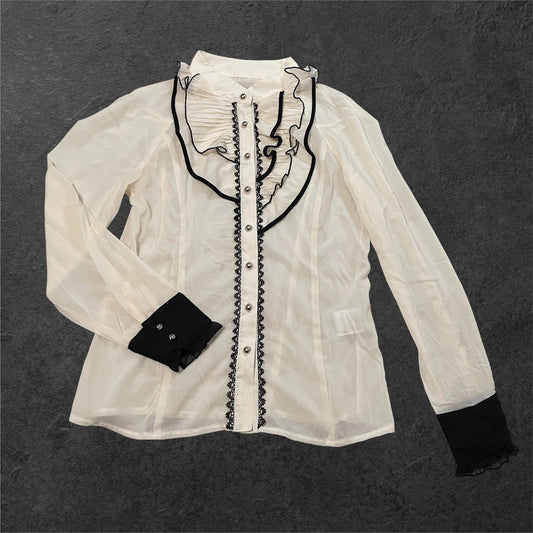 y2k Japanese ruffle blouse – sheer ivory shirt with contrast cuffs0