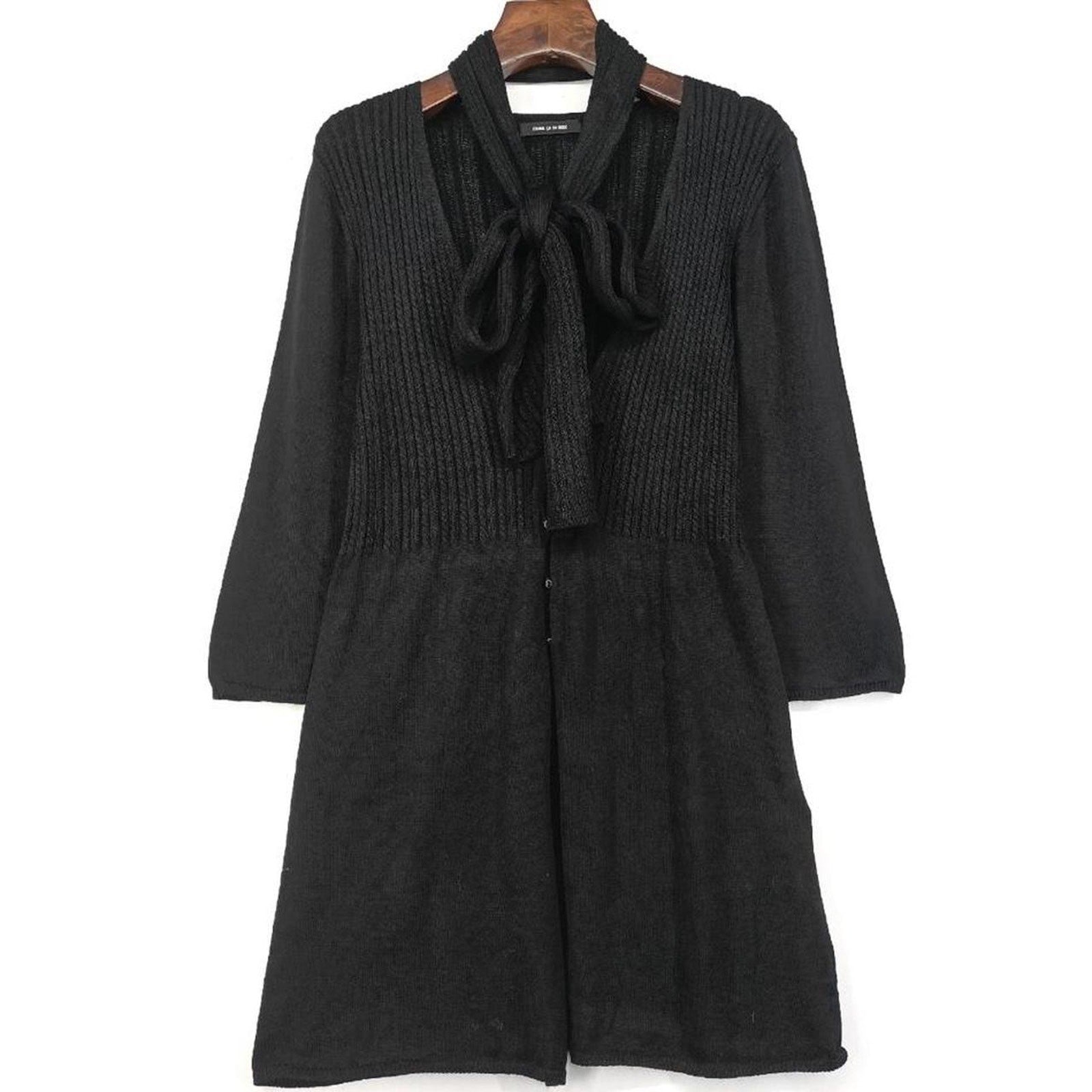 Y2K Japanese Vintage Black Knit Cardigan Dress with Attached Scarf Bow0