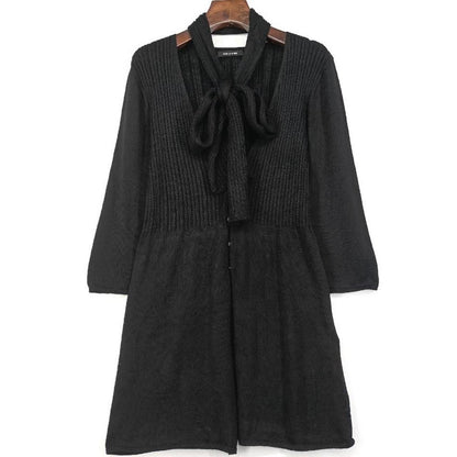 Y2K Japanese Vintage Black Knit Cardigan Dress with Attached Scarf Bow0