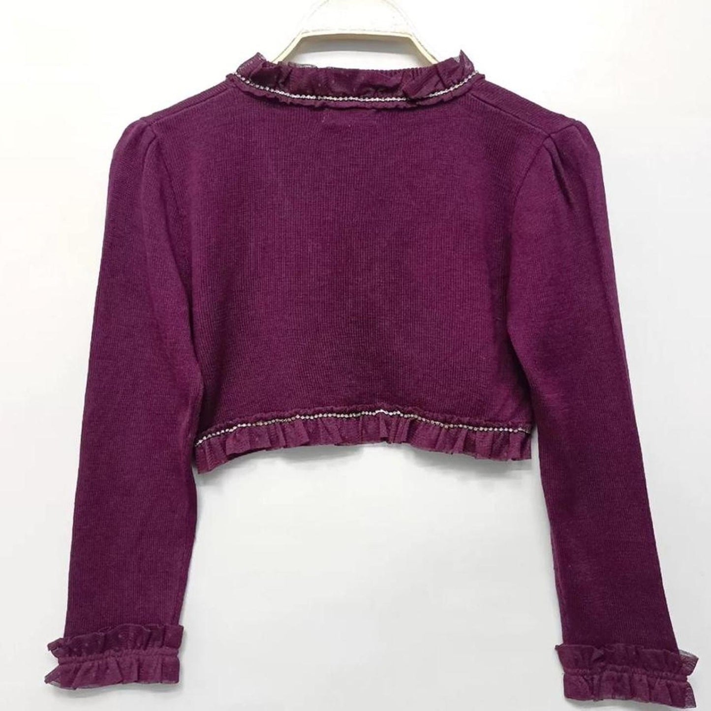 Vintage Korean ruffle trim cropped cardigan in wine red2
