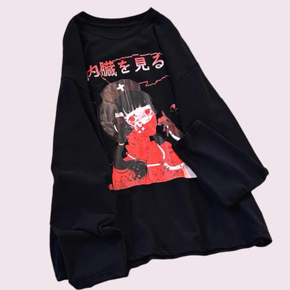 Japanese oversized black Tee with graphic character print Anime Tee4