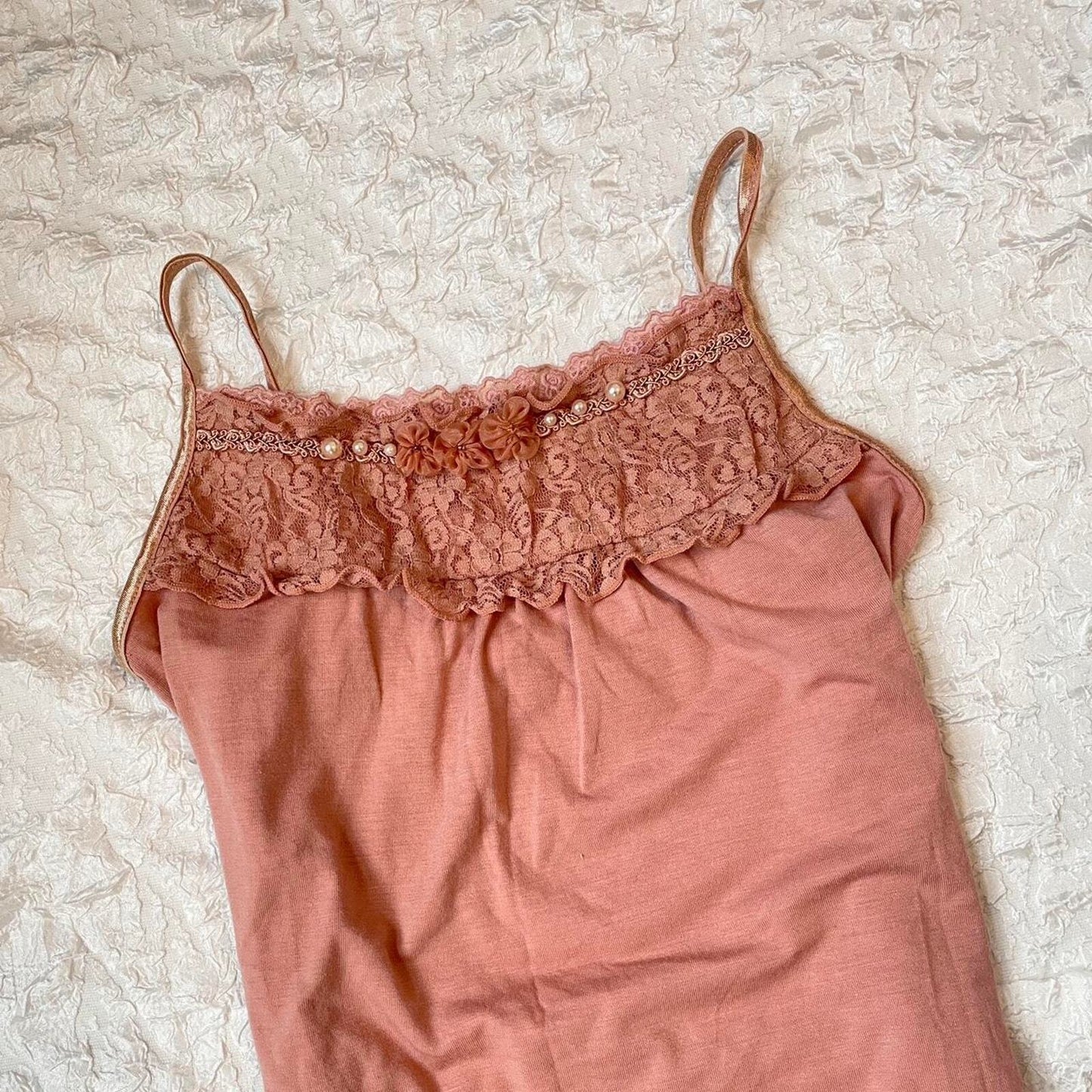 Axes Femme mauve pink adorned with lace, pearls, and floral embroidery 0