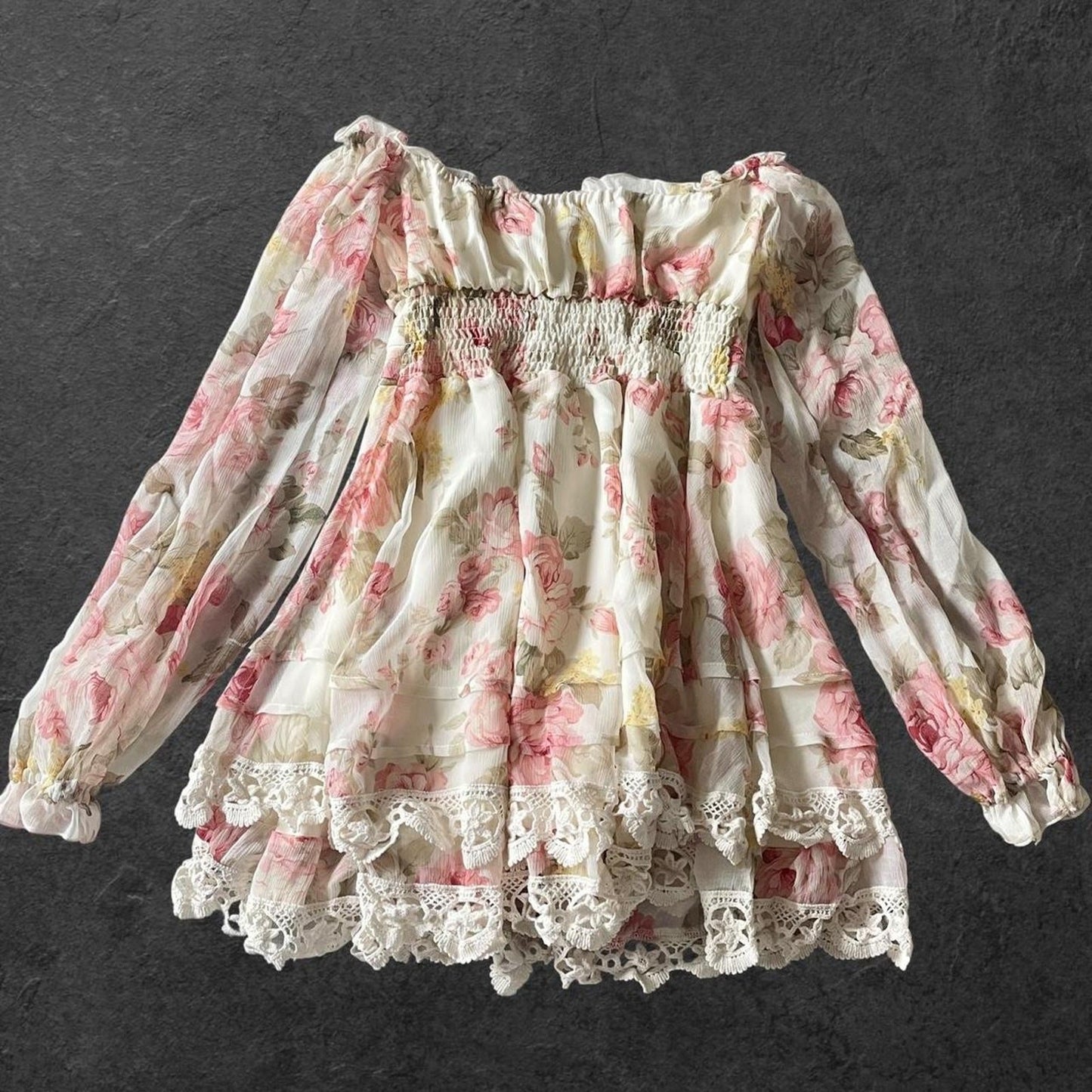 Liz Lisa offshoulder floral chiffon top/dress with lace hem1