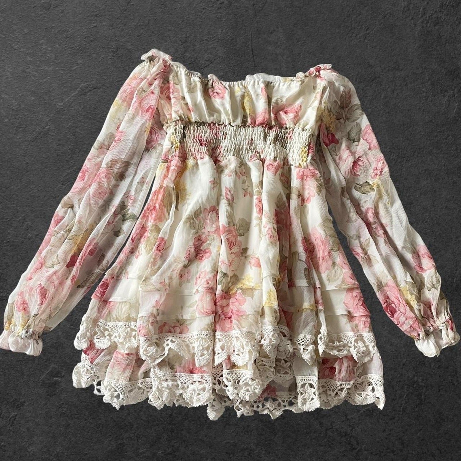 Liz Lisa offshoulder floral chiffon top/dress with lace hem1
