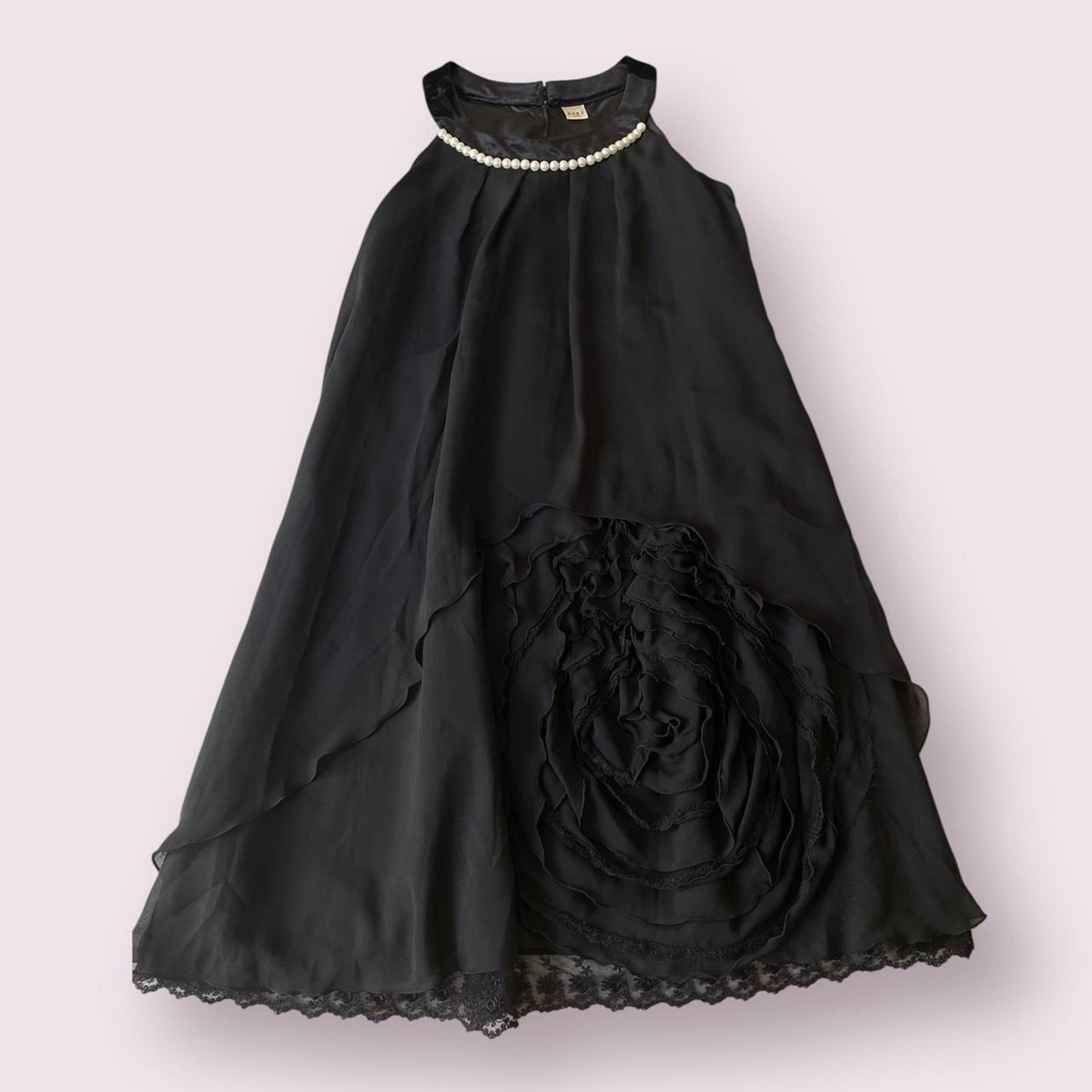 Axes femme black chiffon dress with pearl neckline and rosette detai0