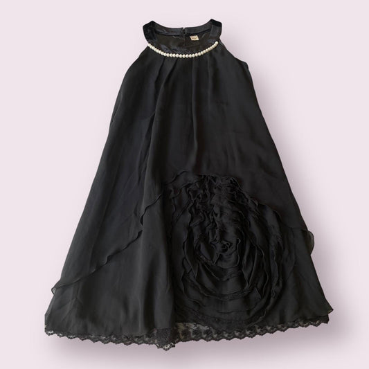 Axes femme black chiffon dress with pearl neckline and rosette detai0