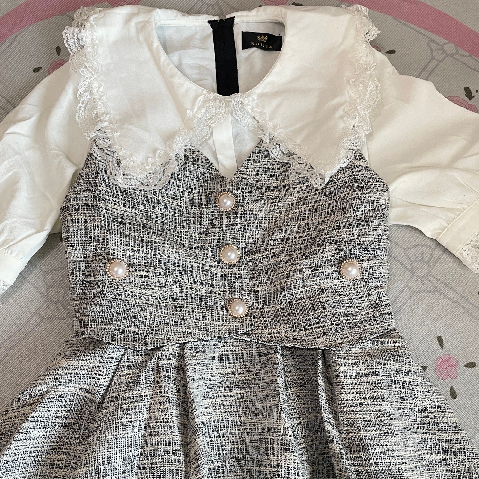 Rojita Tweed Dress Jfashion One-piece with Pearl Buttons and Lace Collar3