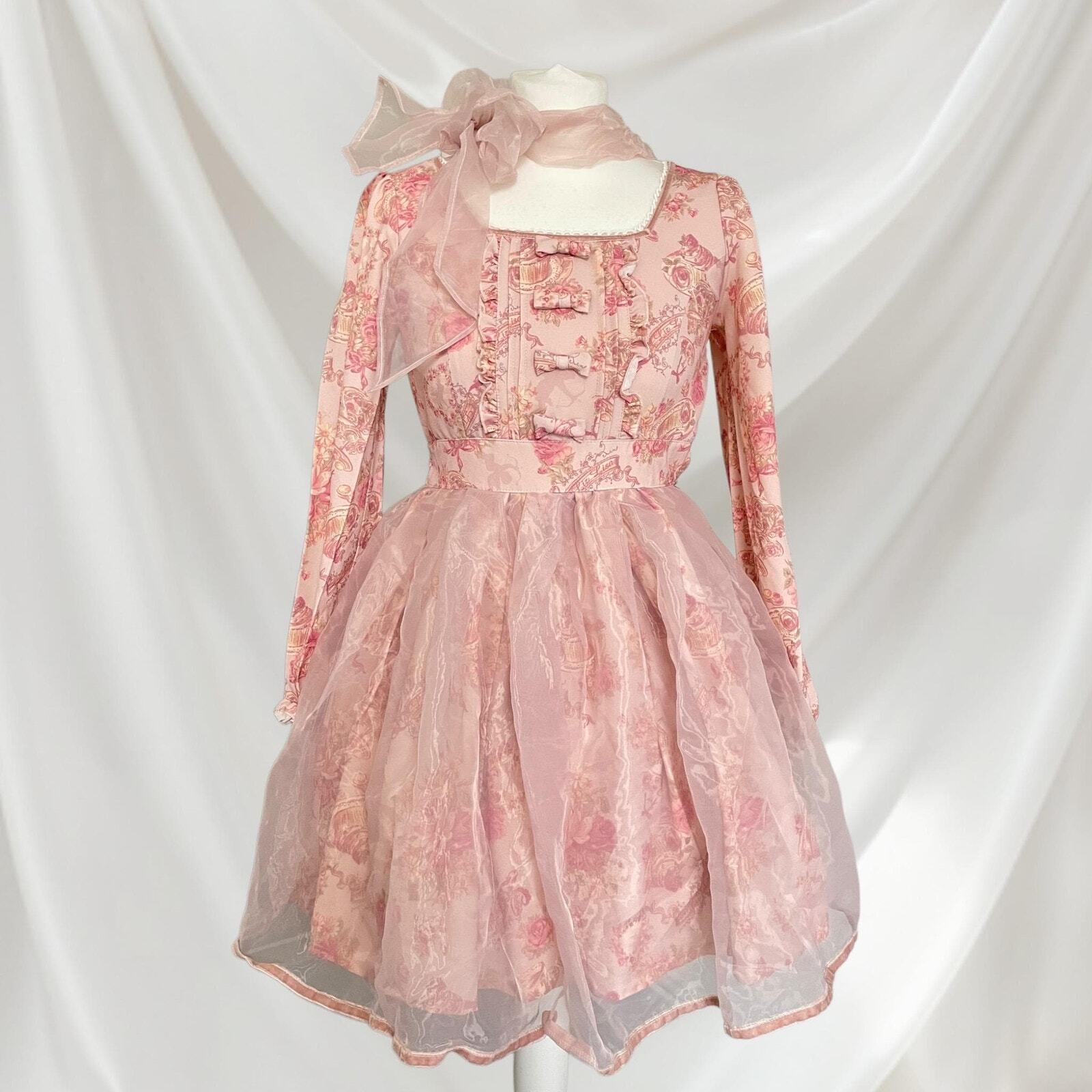 Pink floral chiffon dress with bow accent - elegant Lolita style by Liz Lisa0