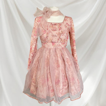 Pink floral chiffon dress with bow accent - elegant Lolita style by Liz Lisa0