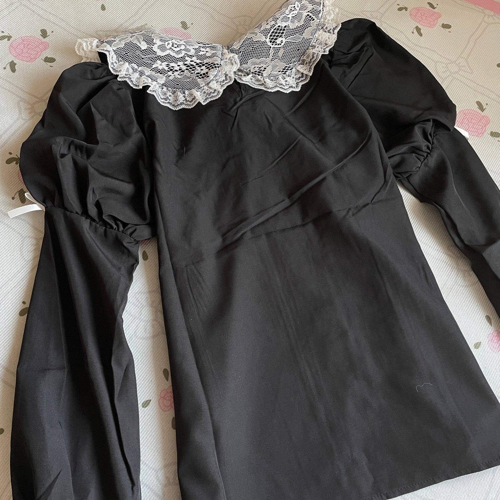 Noémie Black Lace Blouse with Satin Bow & Pearl Button Details4