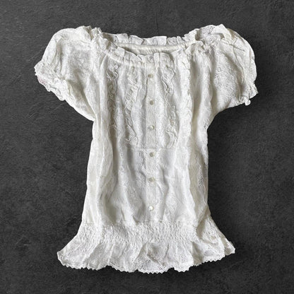 Japanese vintage lace blouse with shirred waist0