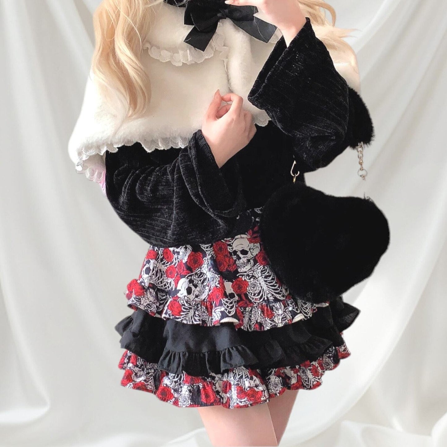 Layered cake skirt/skort with skeleton and rose pattern jfashion kawaii4