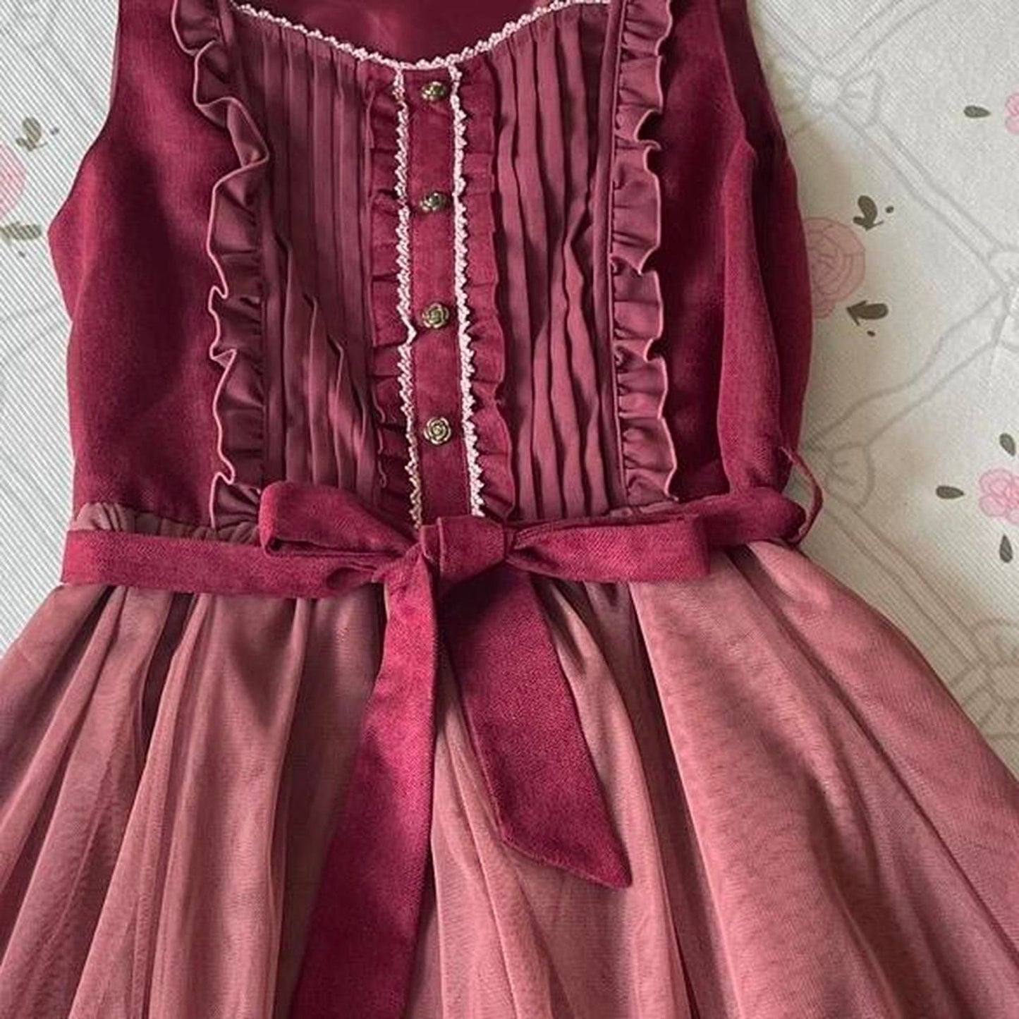 Axes Femme dusty rose and burgundy layered dress with ribbon belt5