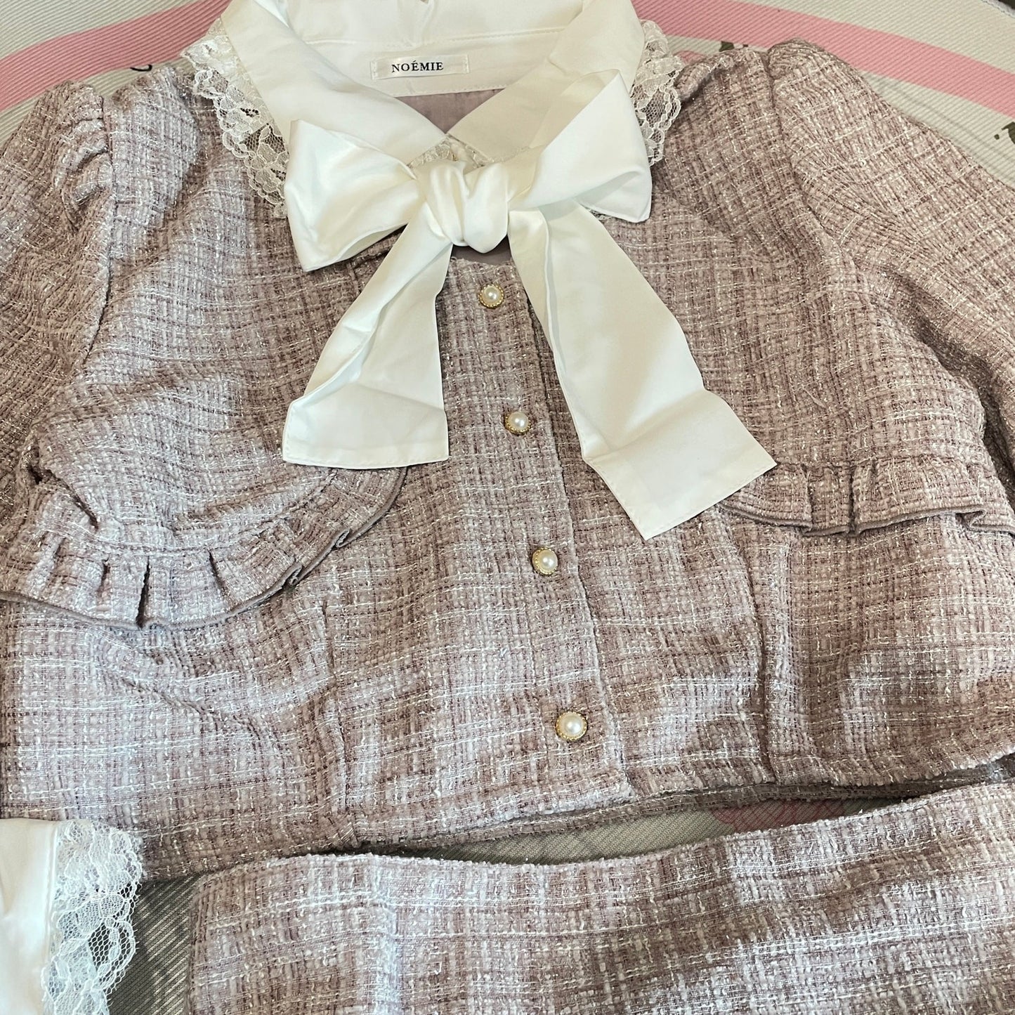 Noemie Pink Tweed Two-Piece Set Bow Skort Kawaii Jirai Kei2