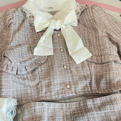Noemie Pink Tweed Two-Piece Set Bow Skort Kawaii Jirai Kei2