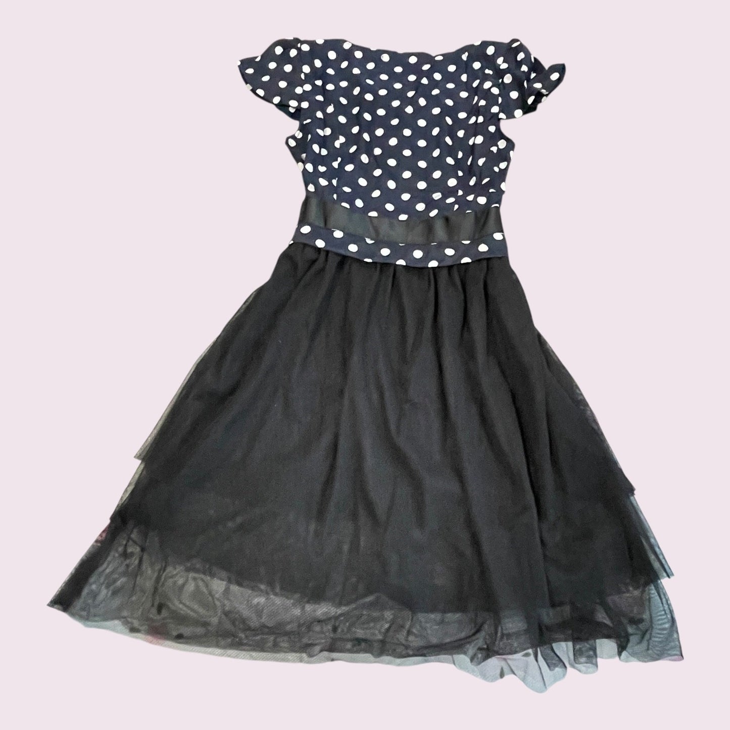 Snidel Navy Polka Dot Black Tulle Midi Dress J-Fashion Sweet Elegant1
