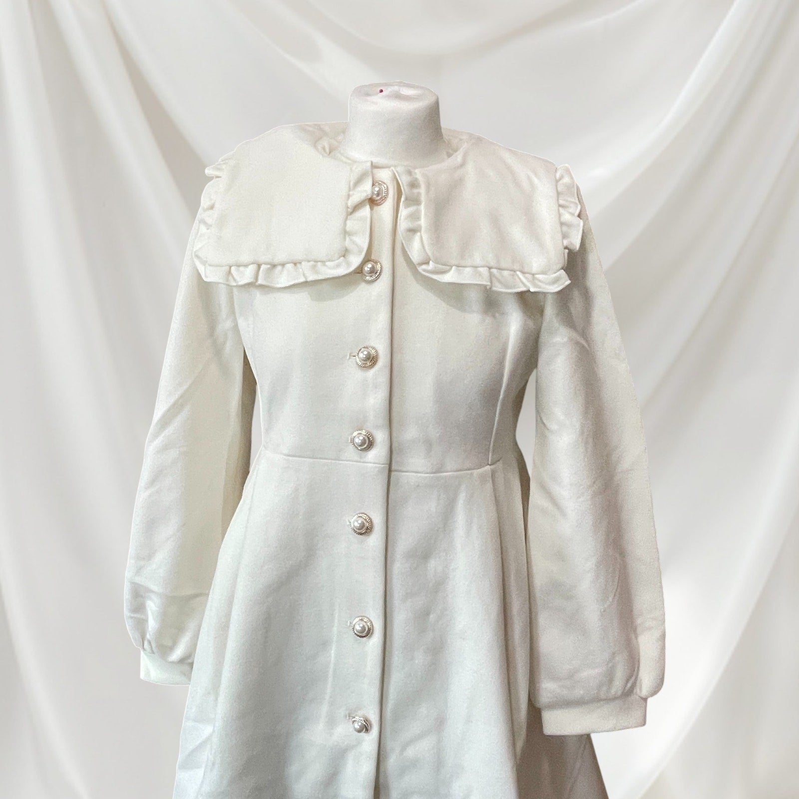 Axes Femme ivory coat dress, pearl button soft girly outerwear, jfashion1