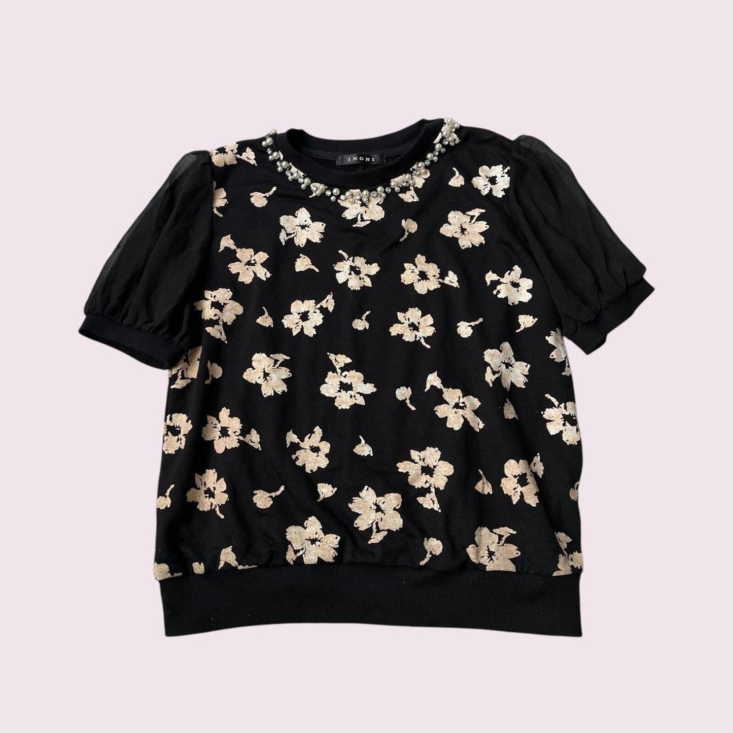 Japanese Brand INGNI floral top with sheer sleeves and pearl collar0
